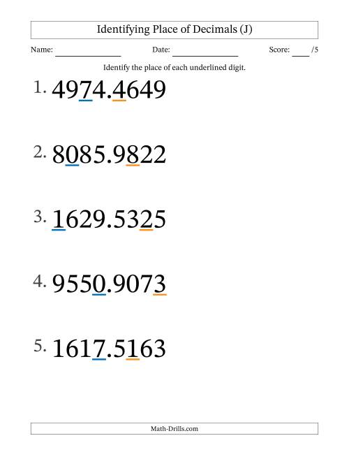 The Identifying Place of Decimal Numbers from Ten Thousandths to Thousands (Large Print) (J) Math Worksheet