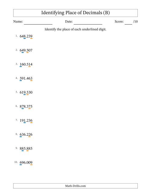 The Identifying Place of Decimal Numbers from Thousandths to Hundreds (B) Math Worksheet