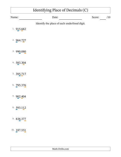 The Identifying Place of Decimal Numbers from Thousandths to Hundreds (C) Math Worksheet