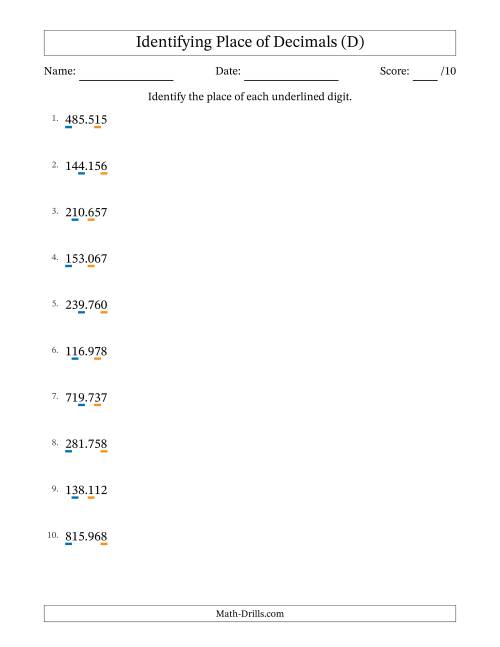 The Identifying Place of Decimal Numbers from Thousandths to Hundreds (D) Math Worksheet