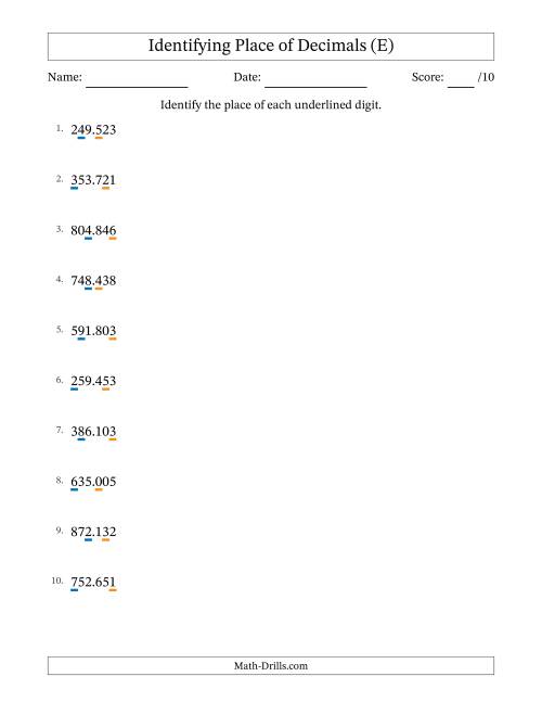 The Identifying Place of Decimal Numbers from Thousandths to Hundreds (E) Math Worksheet