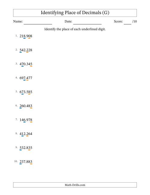 The Identifying Place of Decimal Numbers from Thousandths to Hundreds (G) Math Worksheet