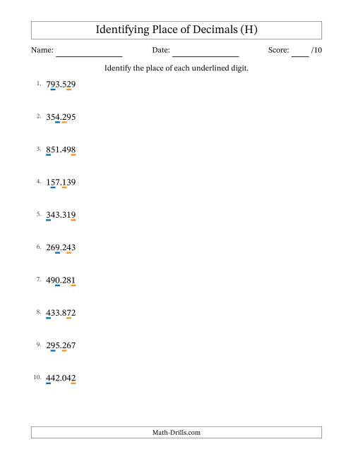 The Identifying Place of Decimal Numbers from Thousandths to Hundreds (H) Math Worksheet