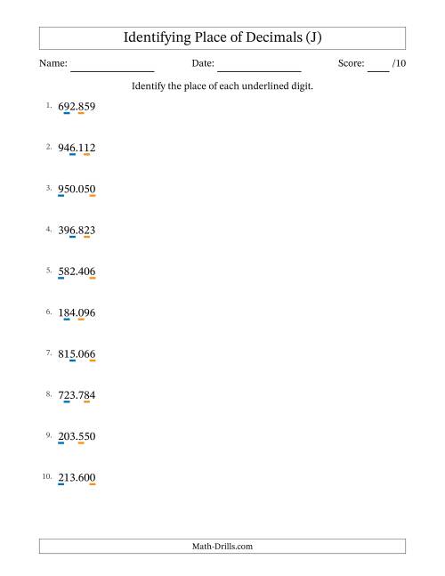 The Identifying Place of Decimal Numbers from Thousandths to Hundreds (J) Math Worksheet