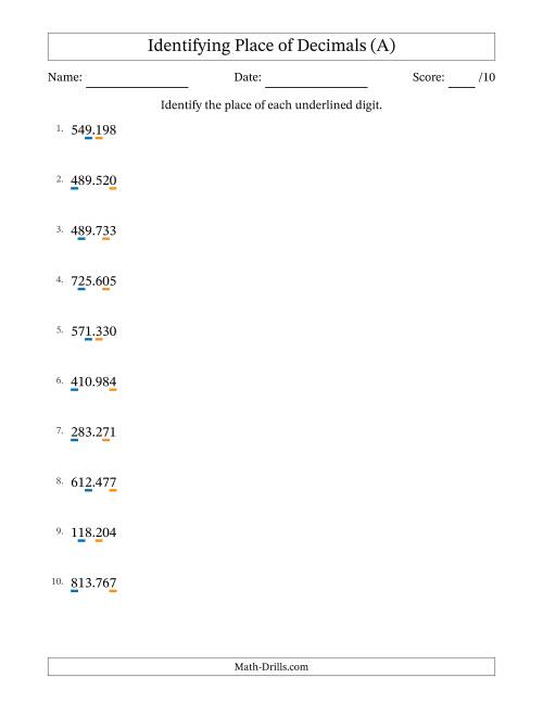 The Identifying Place of Decimal Numbers from Thousandths to Hundreds (All) Math Worksheet