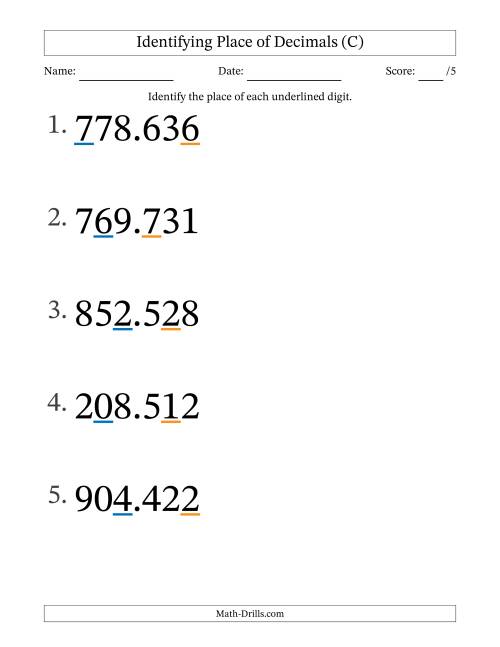 The Identifying Place of Decimal Numbers from Thousandths to Hundreds (Large Print) (C) Math Worksheet