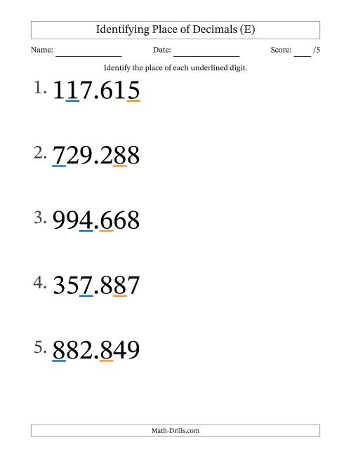 The Identifying Place of Decimal Numbers from Thousandths to Hundreds (Large Print) (E) Math Worksheet