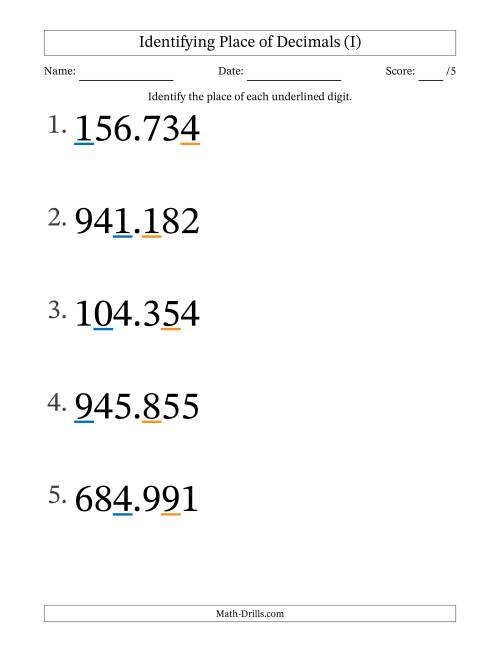 The Identifying Place of Decimal Numbers from Thousandths to Hundreds (Large Print) (I) Math Worksheet