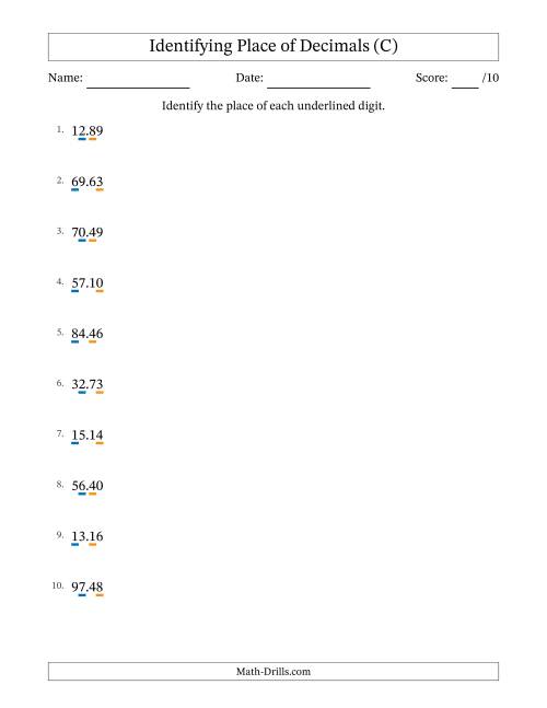 The Identifying Place of Decimal Numbers from Hundredths to Tens (C) Math Worksheet