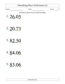 Identifying Place of Decimal Numbers from Hundredths to Tens (Large Print)