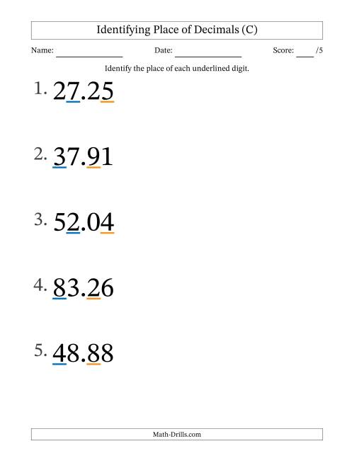 The Identifying Place of Decimal Numbers from Hundredths to Tens (Large Print) (C) Math Worksheet