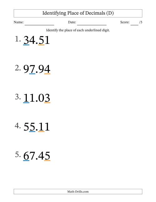 The Identifying Place of Decimal Numbers from Hundredths to Tens (Large Print) (D) Math Worksheet