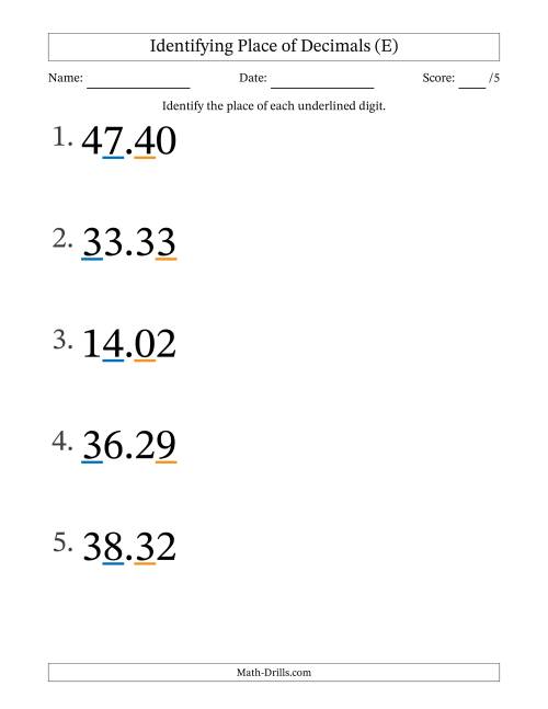 The Identifying Place of Decimal Numbers from Hundredths to Tens (Large Print) (E) Math Worksheet