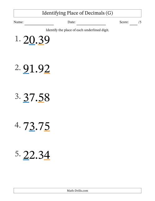 The Identifying Place of Decimal Numbers from Hundredths to Tens (Large Print) (G) Math Worksheet