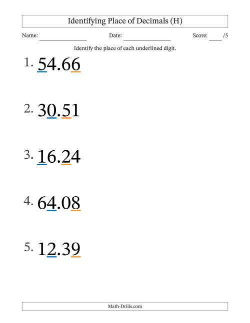 The Identifying Place of Decimal Numbers from Hundredths to Tens (Large Print) (H) Math Worksheet