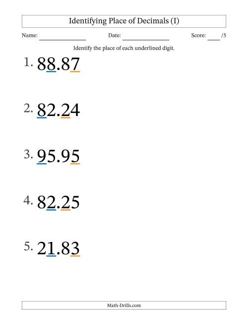The Identifying Place of Decimal Numbers from Hundredths to Tens (Large Print) (I) Math Worksheet