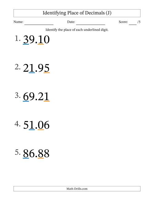 The Identifying Place of Decimal Numbers from Hundredths to Tens (Large Print) (J) Math Worksheet