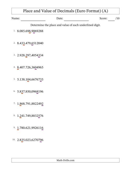 The Euro Format Determining Place and Value of Decimal Numbers from Ten Millionths to Millions (A) Math Worksheet