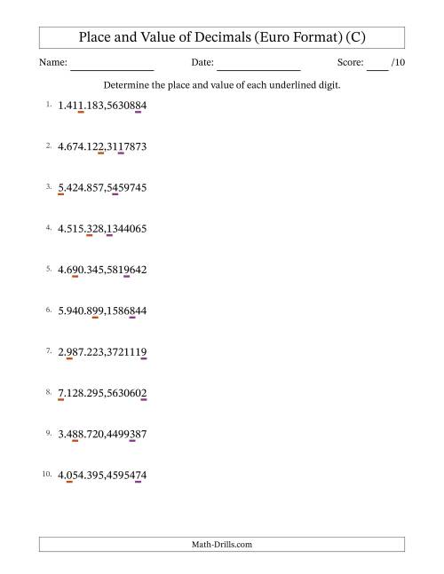 The Euro Format Determining Place and Value of Decimal Numbers from Ten Millionths to Millions (C) Math Worksheet