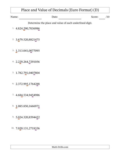 The Euro Format Determining Place and Value of Decimal Numbers from Ten Millionths to Millions (D) Math Worksheet