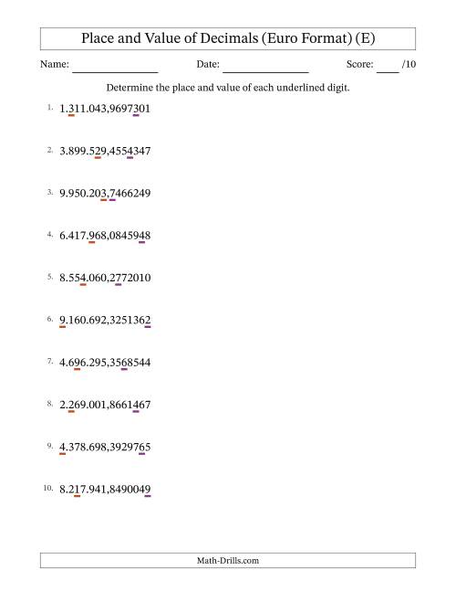The Euro Format Determining Place and Value of Decimal Numbers from Ten Millionths to Millions (E) Math Worksheet