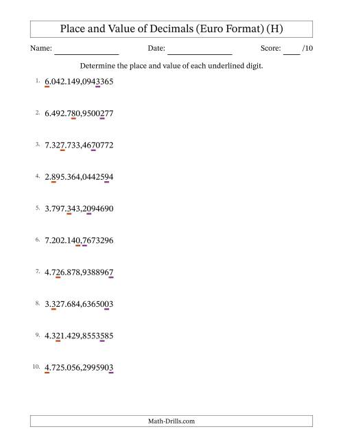 The Euro Format Determining Place and Value of Decimal Numbers from Ten Millionths to Millions (H) Math Worksheet