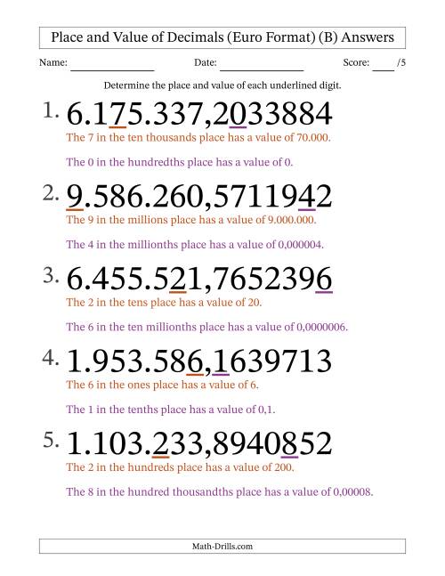The Euro Format Determining Place and Value of Decimal Numbers from Ten Millionths to Millions (Large Print) (B) Math Worksheet Page 2