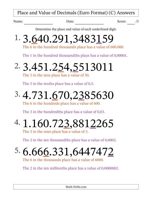 The Euro Format Determining Place and Value of Decimal Numbers from Ten Millionths to Millions (Large Print) (C) Math Worksheet Page 2