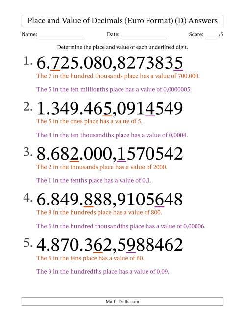 The Euro Format Determining Place and Value of Decimal Numbers from Ten Millionths to Millions (Large Print) (D) Math Worksheet Page 2
