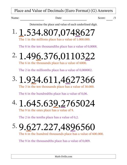 The Euro Format Determining Place and Value of Decimal Numbers from Ten Millionths to Millions (Large Print) (G) Math Worksheet Page 2