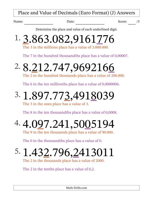 The Euro Format Determining Place and Value of Decimal Numbers from Ten Millionths to Millions (Large Print) (J) Math Worksheet Page 2