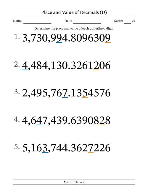 The Determining Place and Value of Decimal Numbers from Ten Millionths to Millions (Large Print) (D) Math Worksheet