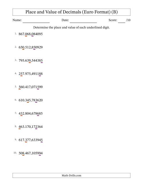 The Euro Format Determining Place and Value of Decimal Numbers from Millionths to Hundred Thousands (B) Math Worksheet