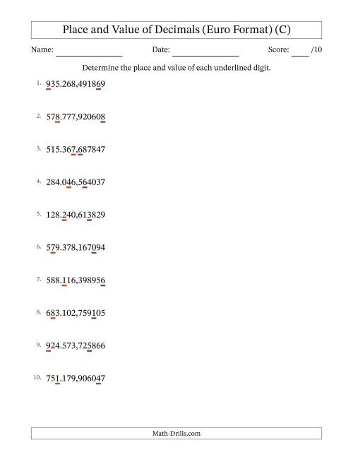 The Euro Format Determining Place and Value of Decimal Numbers from Millionths to Hundred Thousands (C) Math Worksheet