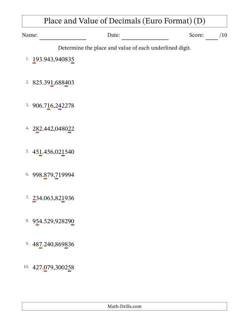 The Euro Format Determining Place and Value of Decimal Numbers from Millionths to Hundred Thousands (D) Math Worksheet