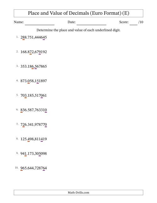The Euro Format Determining Place and Value of Decimal Numbers from Millionths to Hundred Thousands (E) Math Worksheet