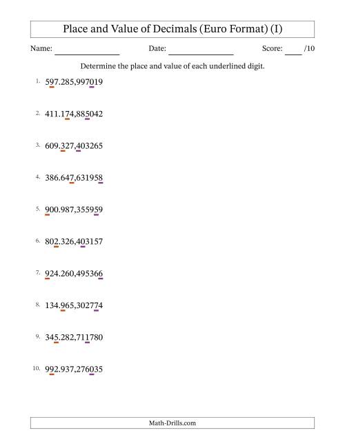 The Euro Format Determining Place and Value of Decimal Numbers from Millionths to Hundred Thousands (I) Math Worksheet
