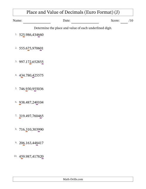 The Euro Format Determining Place and Value of Decimal Numbers from Millionths to Hundred Thousands (J) Math Worksheet