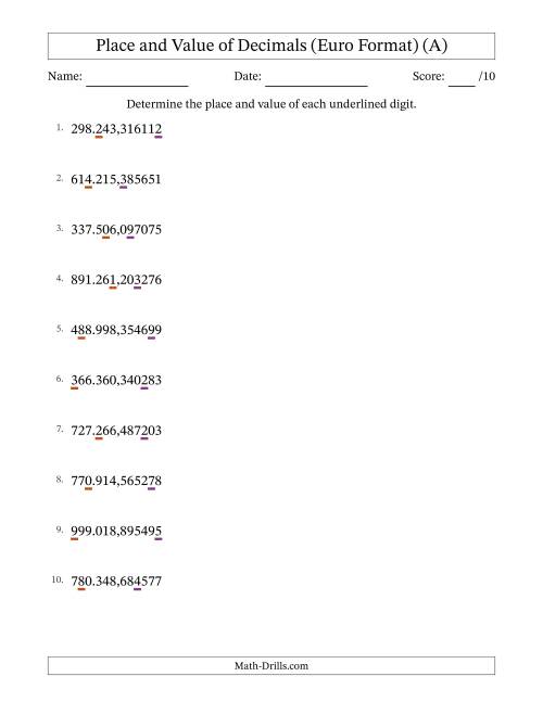 The Euro Format Determining Place and Value of Decimal Numbers from Millionths to Hundred Thousands (All) Math Worksheet