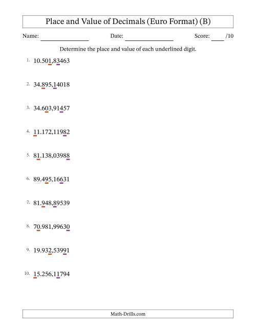 The Euro Format Determining Place and Value of Decimal Numbers from Hundred Thousandths to Ten Thousands (B) Math Worksheet