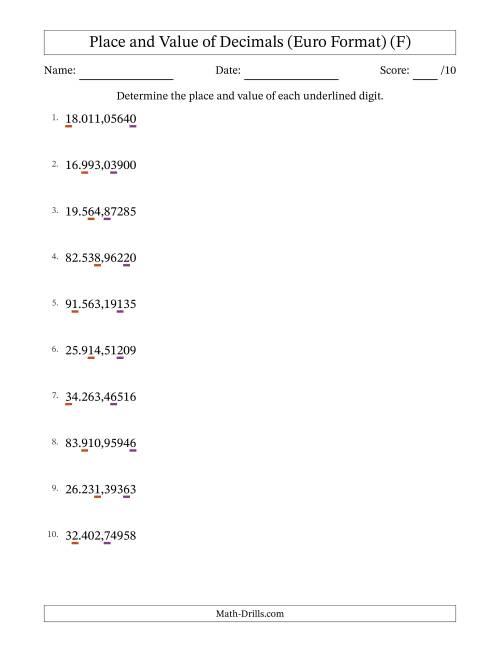 The Euro Format Determining Place and Value of Decimal Numbers from Hundred Thousandths to Ten Thousands (F) Math Worksheet