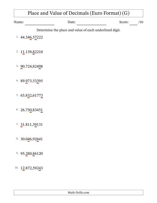 The Euro Format Determining Place and Value of Decimal Numbers from Hundred Thousandths to Ten Thousands (G) Math Worksheet