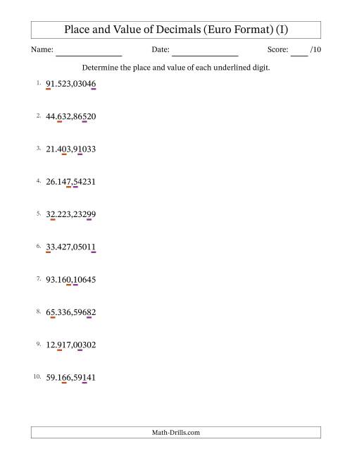 The Euro Format Determining Place and Value of Decimal Numbers from Hundred Thousandths to Ten Thousands (I) Math Worksheet