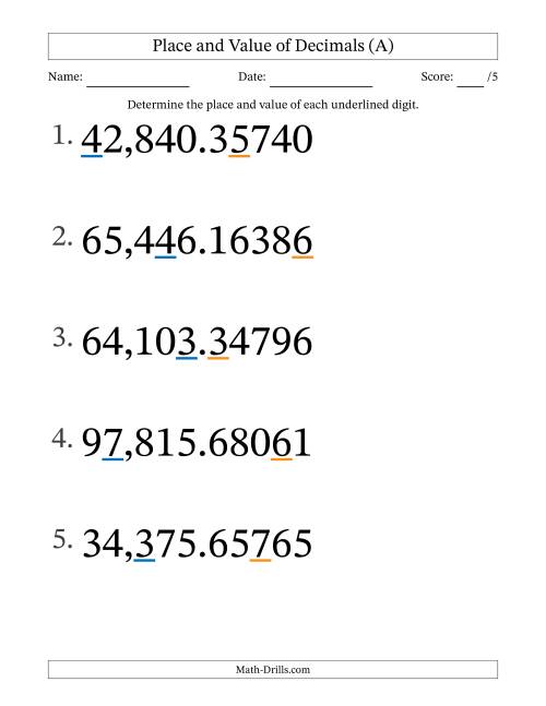 The Determining Place and Value of Decimal Numbers from Hundred Thousandths to Ten Thousands (Large Print) (A) Math Worksheet