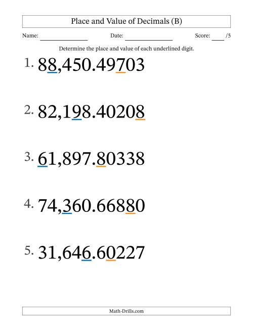 The Determining Place and Value of Decimal Numbers from Hundred Thousandths to Ten Thousands (Large Print) (B) Math Worksheet