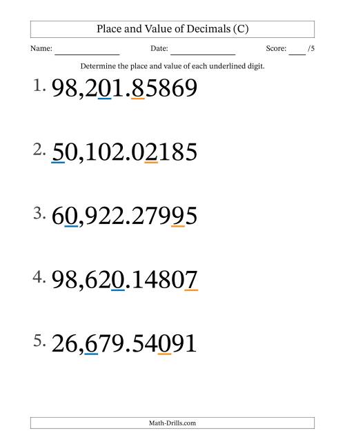 The Determining Place and Value of Decimal Numbers from Hundred Thousandths to Ten Thousands (Large Print) (C) Math Worksheet