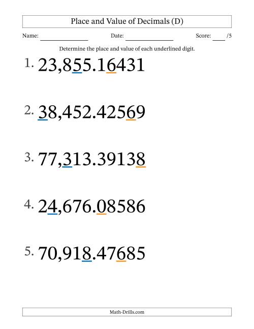 The Determining Place and Value of Decimal Numbers from Hundred Thousandths to Ten Thousands (Large Print) (D) Math Worksheet