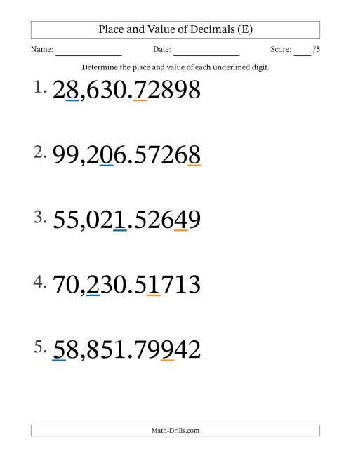 The Determining Place and Value of Decimal Numbers from Hundred Thousandths to Ten Thousands (Large Print) (E) Math Worksheet