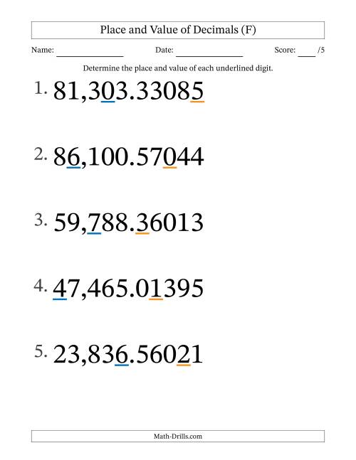 The Determining Place and Value of Decimal Numbers from Hundred Thousandths to Ten Thousands (Large Print) (F) Math Worksheet