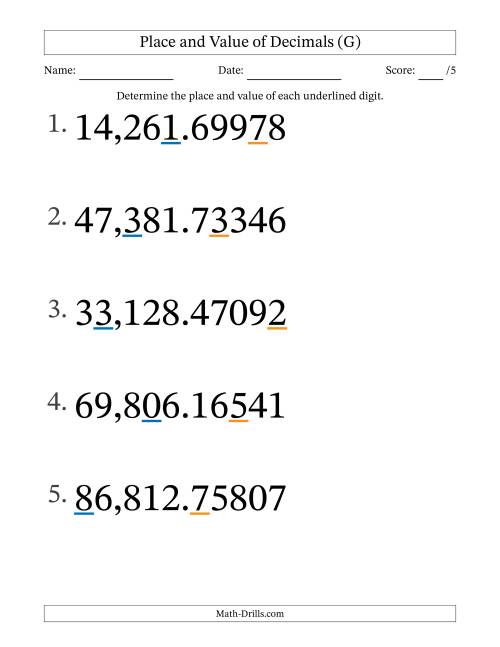 The Determining Place and Value of Decimal Numbers from Hundred Thousandths to Ten Thousands (Large Print) (G) Math Worksheet